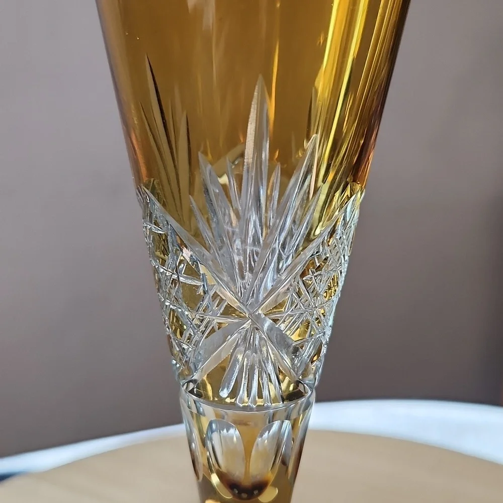 Set of 2 Pottery Barn Antoque Cut Flutes Amber Etched 9.5